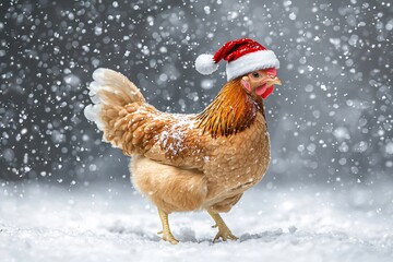 Festive hen in snowy scene wearing Santa hat