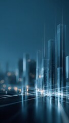 Digital cityscape with modern skyscrapers and glowing blue vertical lines representing data flow and technology against a dark background