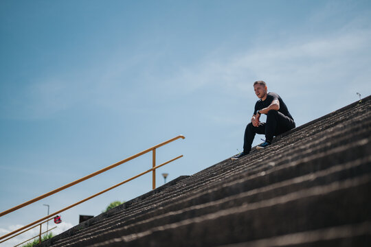 A man wearing a black athletic outfit sits thoughtfully on concrete steps under a bright sky.