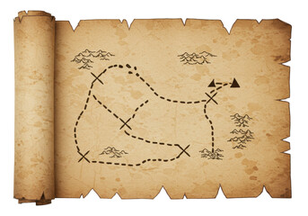 Isolated treasure map scroll, pirate parchment document for adventure game with X marks the spot