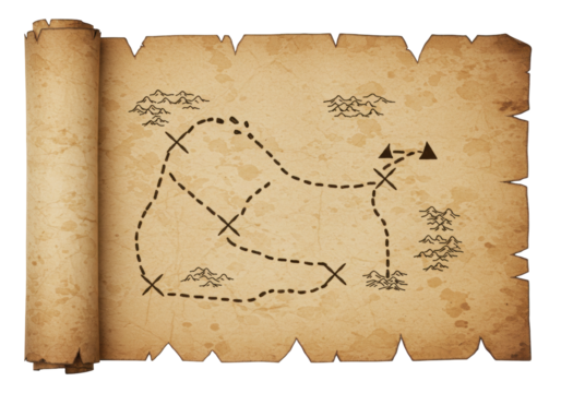 Isolated treasure map scroll, pirate parchment document for adventure game with X marks the spot