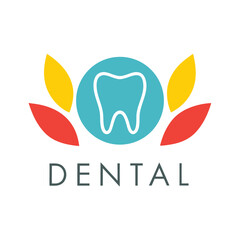 Teal blue circle with white tooth outline surrounded by red and yellow petal shapes and the word D E N T A L