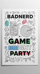 Badnerd game bright party doodle isolated on white background for a fun event