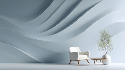 Modern Interior Design with Abstract Blue Wavy Lines on the Wall Featuring a Stylish Minimalist Chair and a Decorative Vase with White Flowers