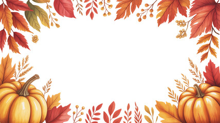 Autumn leaves and pumpkins border frame with space text on transparent background. Autumn frame with pumpkins