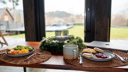Morning breakfast with mountain view, Carpathians