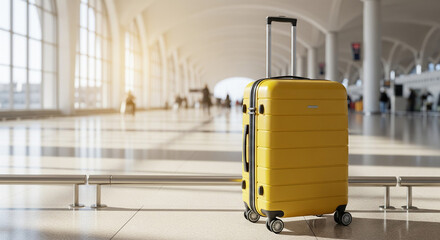 Minimalist photo of bright yellow suitcase in airport hallway with natural light and travel vibes.