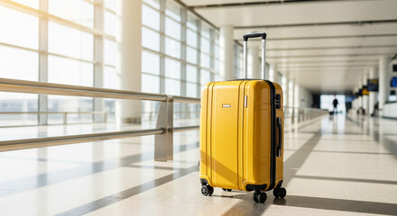 Yellow travel bag positioned in modern airport interior showcasing vacation, tourism, and holiday travel themes.