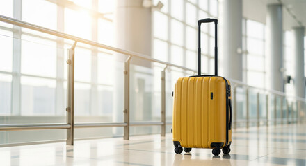 Yellow rolling suitcase with extended handle at airport ready for flight departure and travel journey.
