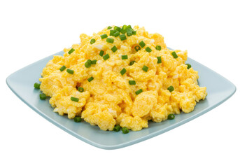 Isolated scrambled eggs on a square light blue plate with green onions, delicious breakfast food