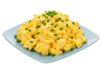 Isolated scrambled eggs on a square light blue plate with green onions, delicious breakfast food