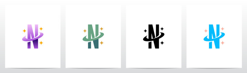 Swoosh Ring Star Twinkle Letter Initial Logo Design N © recehan
