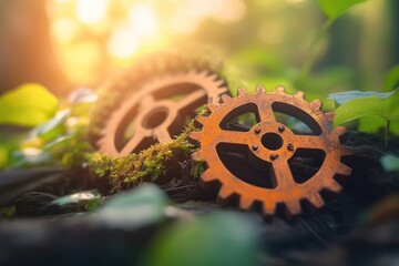 Rusty gears rest on mossy ground, bathed in sunlight; a symbolic image of nature and industry's intersection.