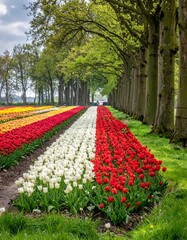 Colorful tulips line a tree-lined path