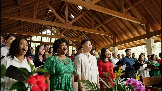 A diverse congregation of men and women joyfully singing together during a church service in a wooden hall.