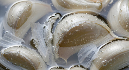 Fresh garlic cloves soaking in water create a vibrant, healthy lifestyle image, perfect for culinary projects and promoting natural wellness