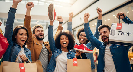 A cheerful group celebrates their shopping spree, arms raised high amidst a flurry of sales and bargains. Capture the excitement of retail therapy, retail, and the spirit of consumerism.