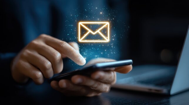 Businessman Using Smartphone with Glowing Email Icon for Digital Marketing, Online Communication Concept with Electronic Mail Notification for Newsletter and Business Contact