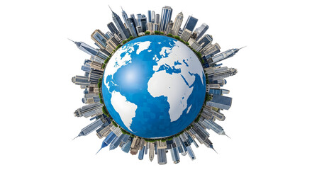 Global cityscape with Earth at the center, representing interconnectedness and urban development, isolated on transparent background