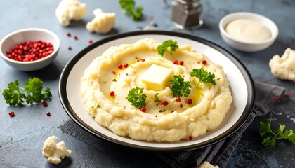 Cauliflower mash on a plate with butter and pink peppercorns, top view