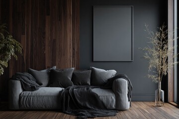 Dark, modern living room interior