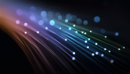 Obraz premium Fiber optic cables glowing in dark background, symbol of communication, data transfer, technology and futuristic internet, digital innovation concept with minimal copy space.