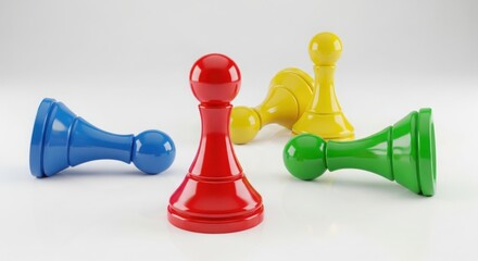 Four board game pawns in red, green, blue and yellow isolated on white background