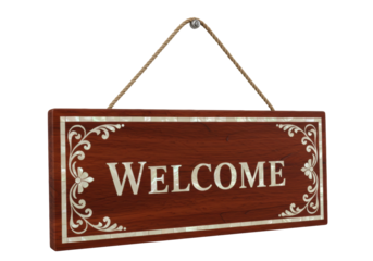Isolated welcome sign on a wooden plaque with decorative scroll border and a rope handle