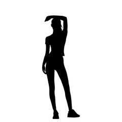 A bold silhouette of a young woman in a dynamic pose, subtly highlighting athletic wear.