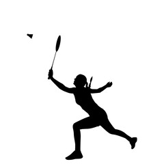 Dynamic silhouette of a female badminton player in mid-action, striking the shuttlecock.