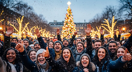 A jubilant crowd revels in the festive spirit, bathed in the warm glow of holiday lights, centered around a dazzling Christmas tree, a heartwarming scene of unity and celebration.