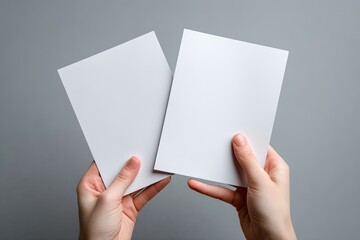 Two blank white cards held by hands