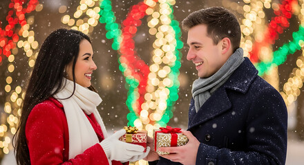 A tender moment of a couple sharing gifts under the glow of festive lights, a beautiful scene of holiday celebration. Reflecting on the warmth of togetherness.