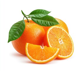 Fresh oranges, whole and sliced, on white background
