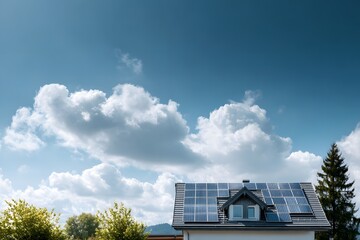 Fototapeta premium Solar panel system on the roof of an American home, providing clean renewable energy and sustainable living