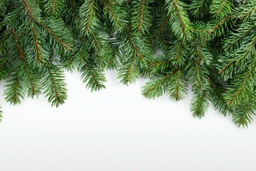 Fresh evergreen branches arranged against a white background