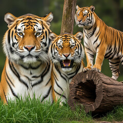Naklejka premium Union of three Siberian tigers, a portrait of strength and family bond, representing the species' majesty and conservation need