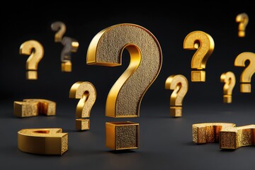 Golden question marks scattered on a dark background