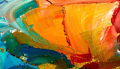 Thick, textured brushstrokes create a vibrant mix of warm orange, teal, red, and yellow
