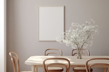 Light-filled dining room with a blank framed print