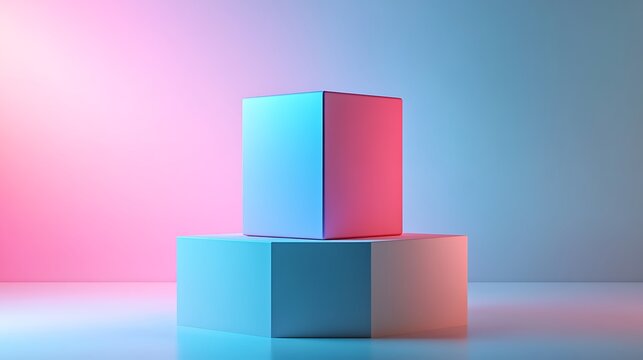 Geometric hexagonal prism shapes with neon lighting isolated on white background