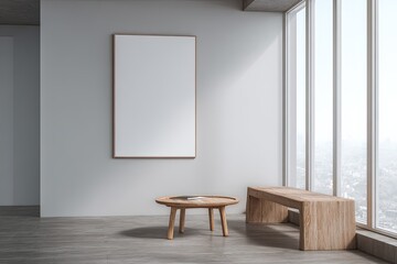 Modern minimalist room with large blank poster