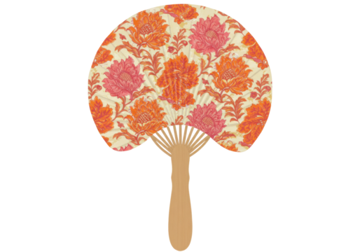 Isolated handheld fan with floral pattern in shades of coral, pink, and yellow on a handle