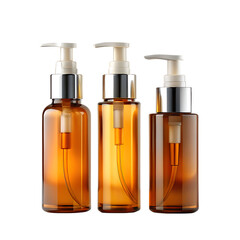 Three Amber Glass Cosmetic Bottles with Pumps on Transparent Background