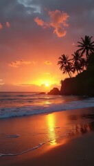 A sunset over the ocean with palm trees in the foreground.
