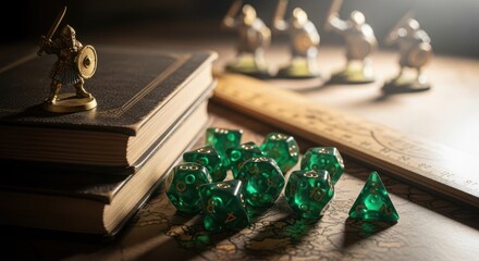 Tabletop role playing game elements on a wooden table in the dark