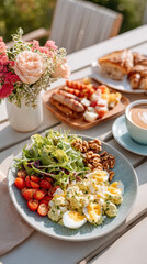 Colorful brunch spread featuring salad, boiled eggs, tomatoes, walnuts, and pastries with flowers and coffee in outdoor setting