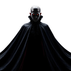 Scary vampire with red eyes and cape, white isolated background