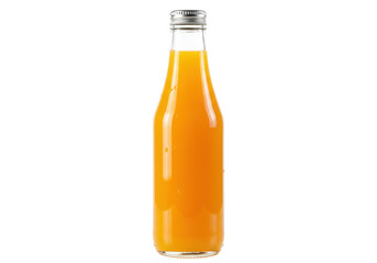 Isolated bottle of orange juice for healthy drinking, breakfast or diet, clear glass bottle