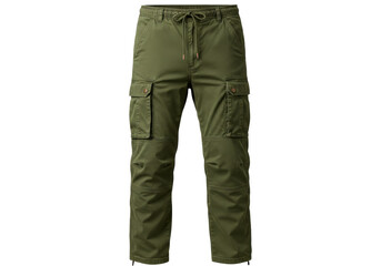 Isolated olive green cargo pants with drawstring waist, studio shot casual trousers apparel